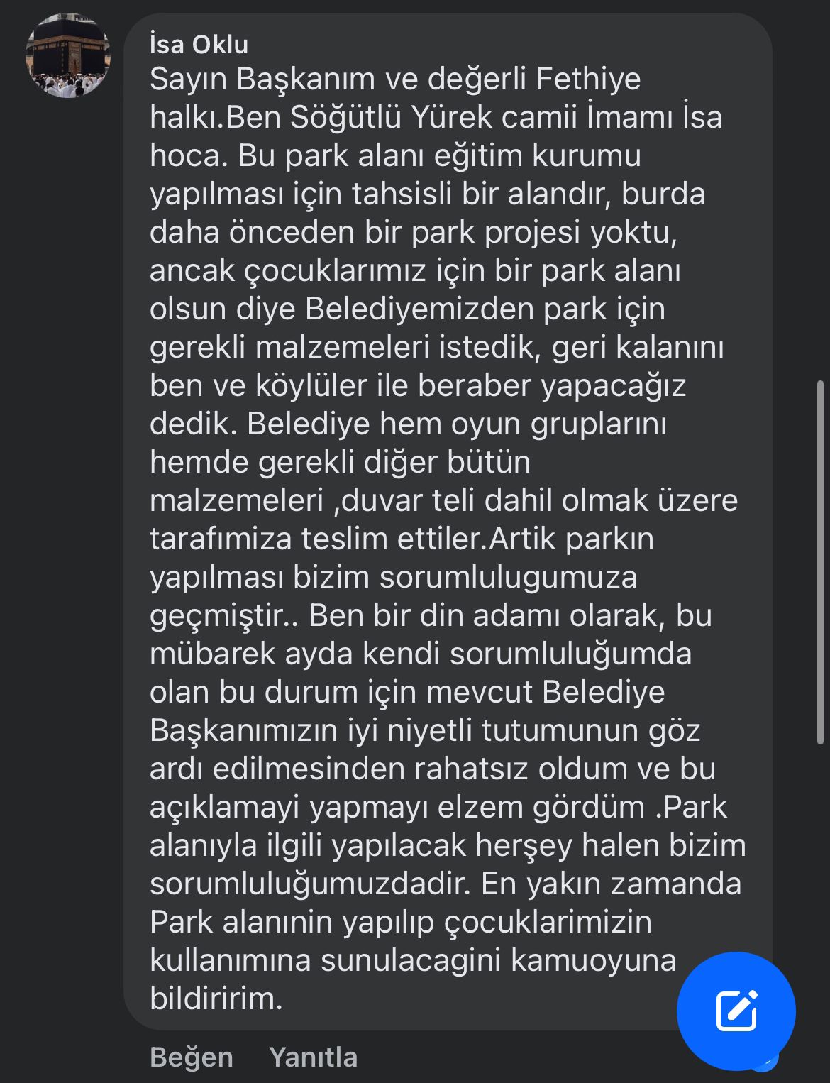 Yürek Mahallesi’ndeki Oyun Parkı İçin Mahalle İmamından Açıklama 2
